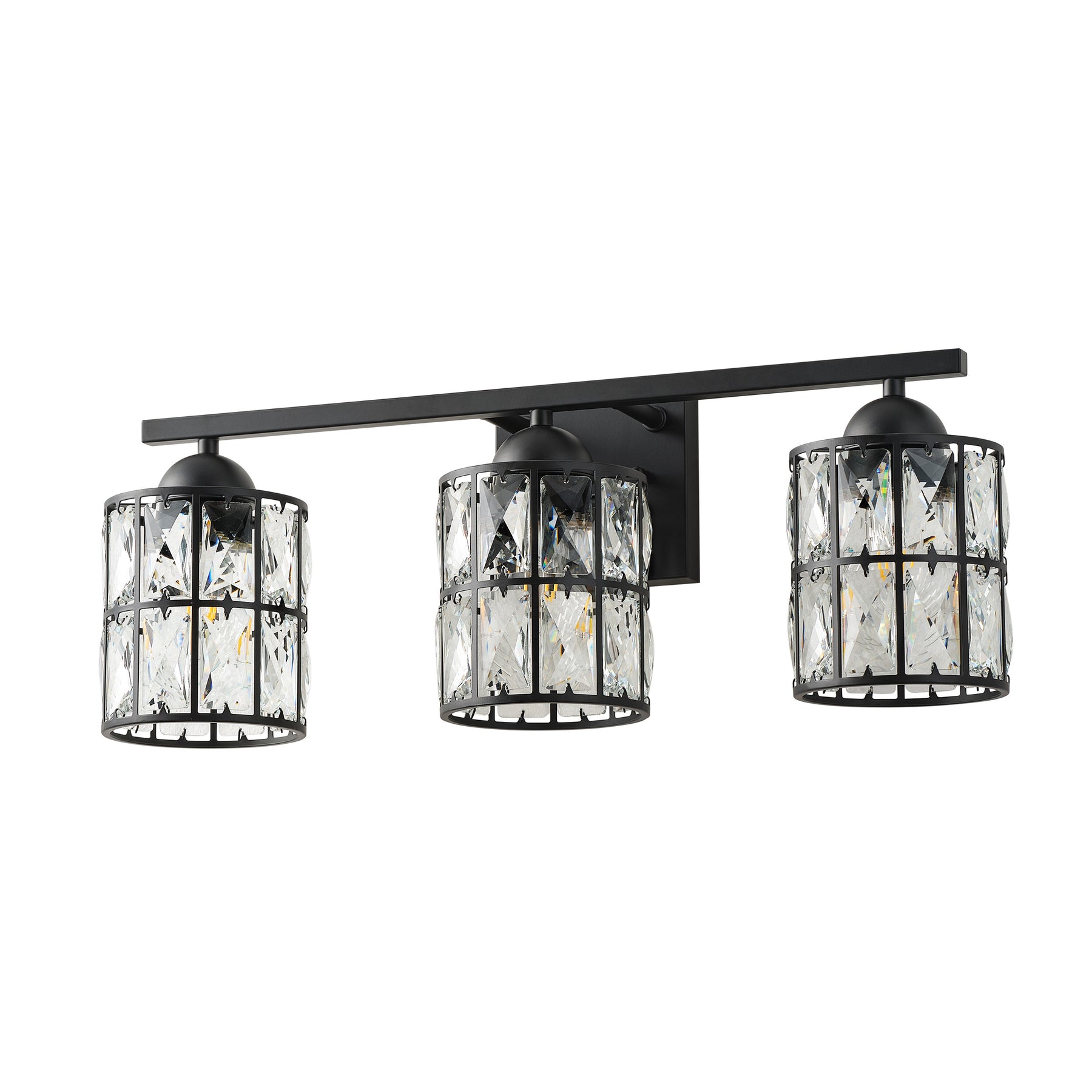 3-Light Black Crystal Wall Sconce, Industrial Vanity Light Fixture with Sparkling Crystal Lampshades