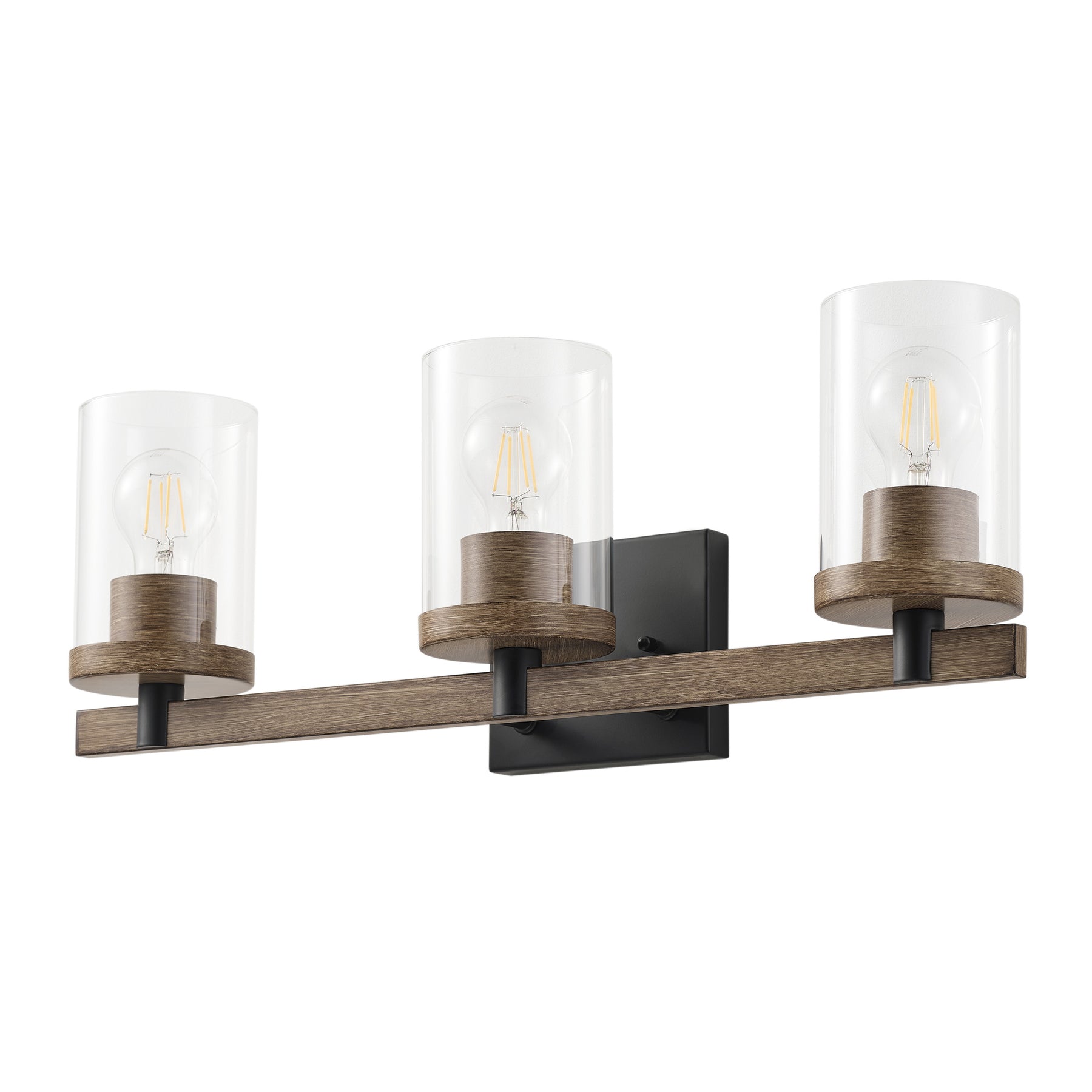 3-Lights Pine Wood Grain Color Frame with Clear Glass Shade Bathroom Vanity Lighting