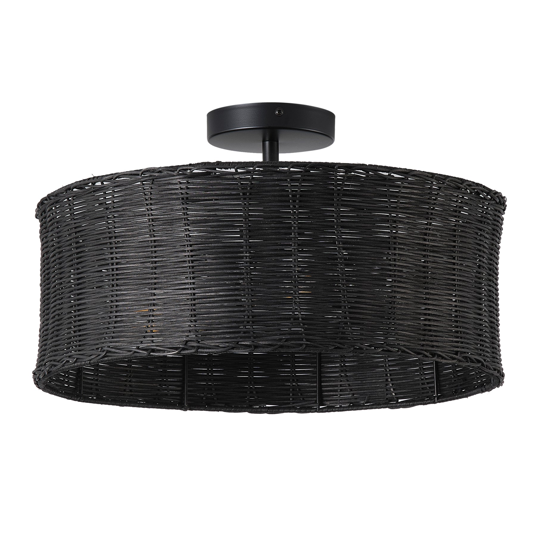 3-Lights Black Rattan Round Shade Semi-Flush Mount Lighting