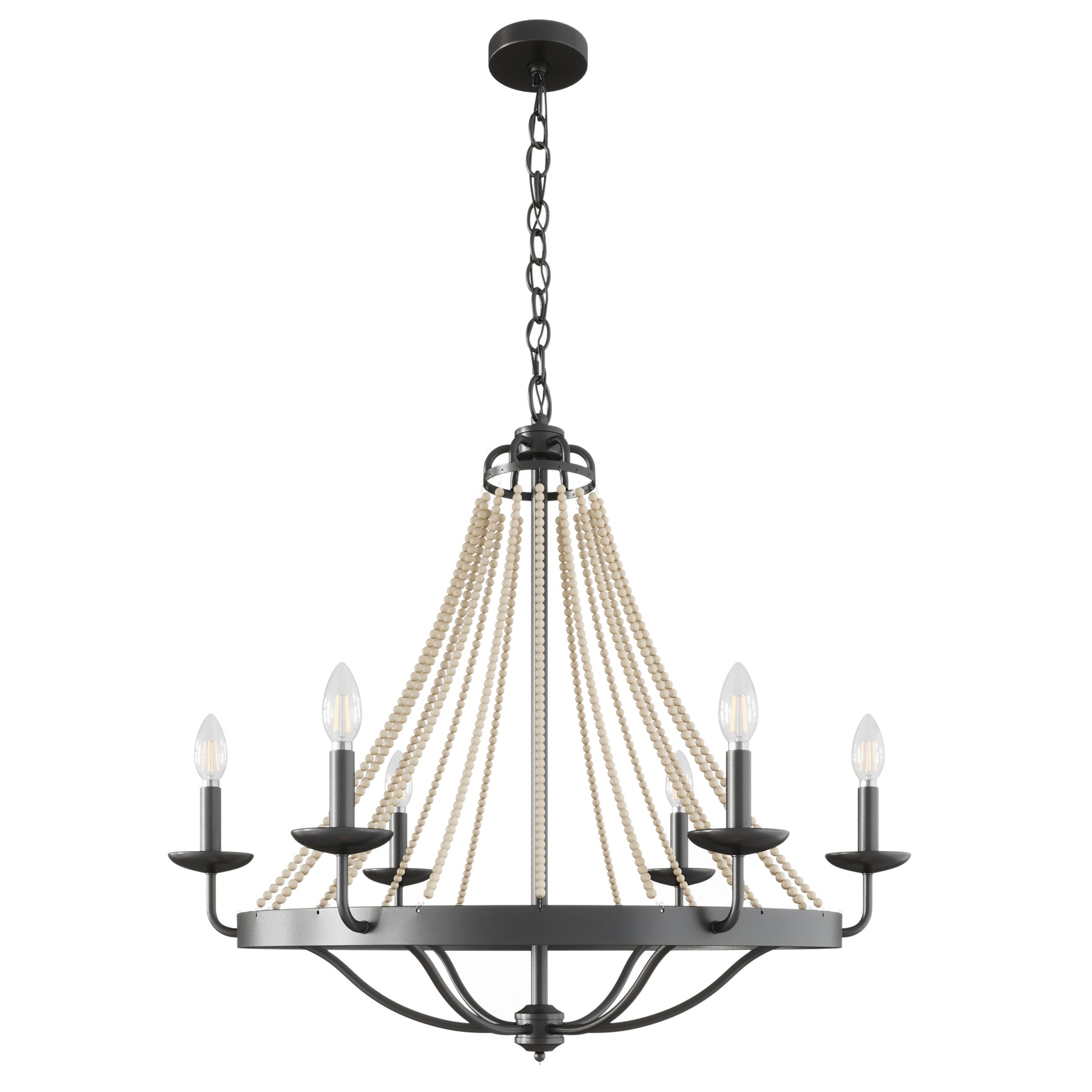 6-Lights Farmhouse Wood Bead Candle Chandelier