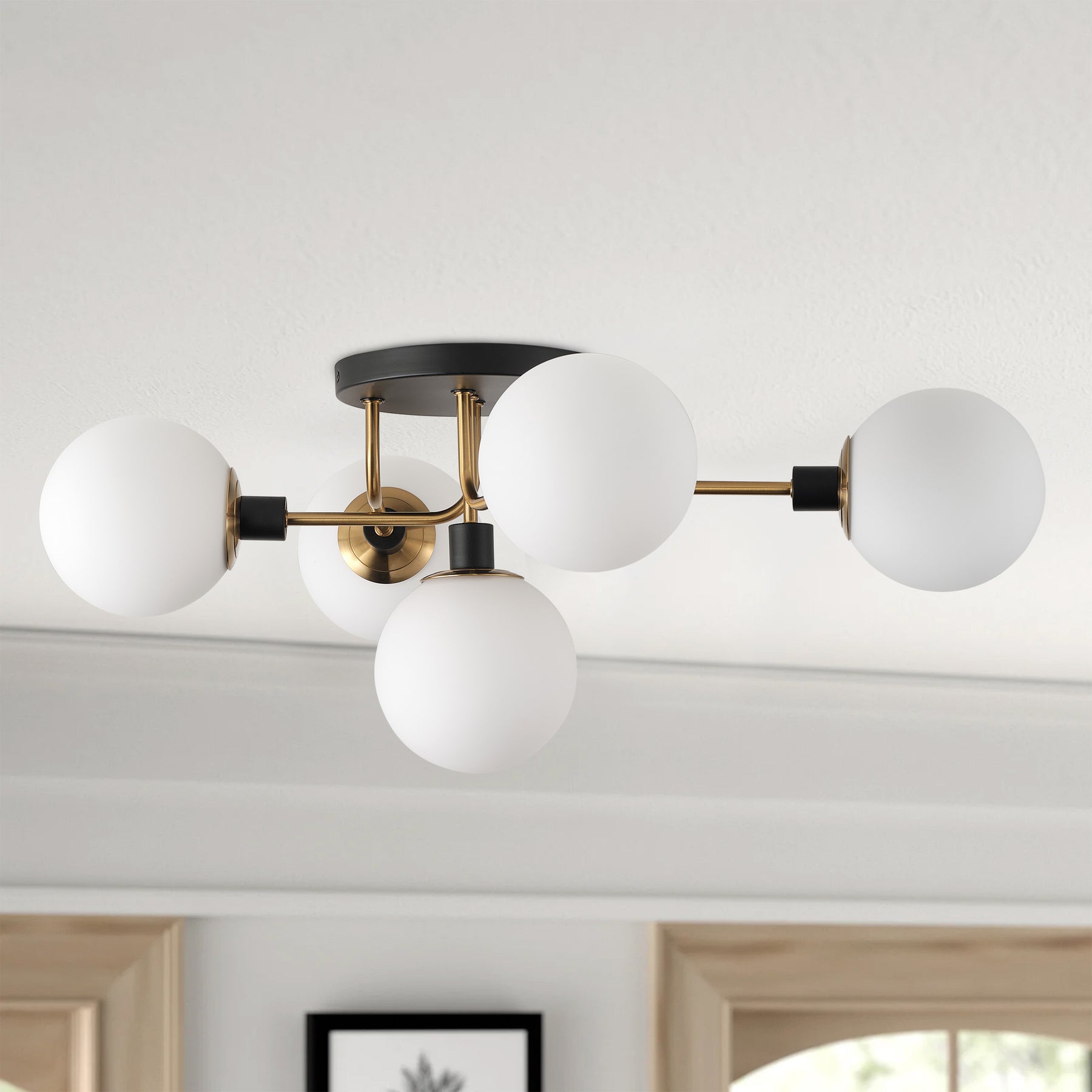 5-Lights White Jade Acid-Washed Glass Ball Shade Semi-Flush Mount Lighting