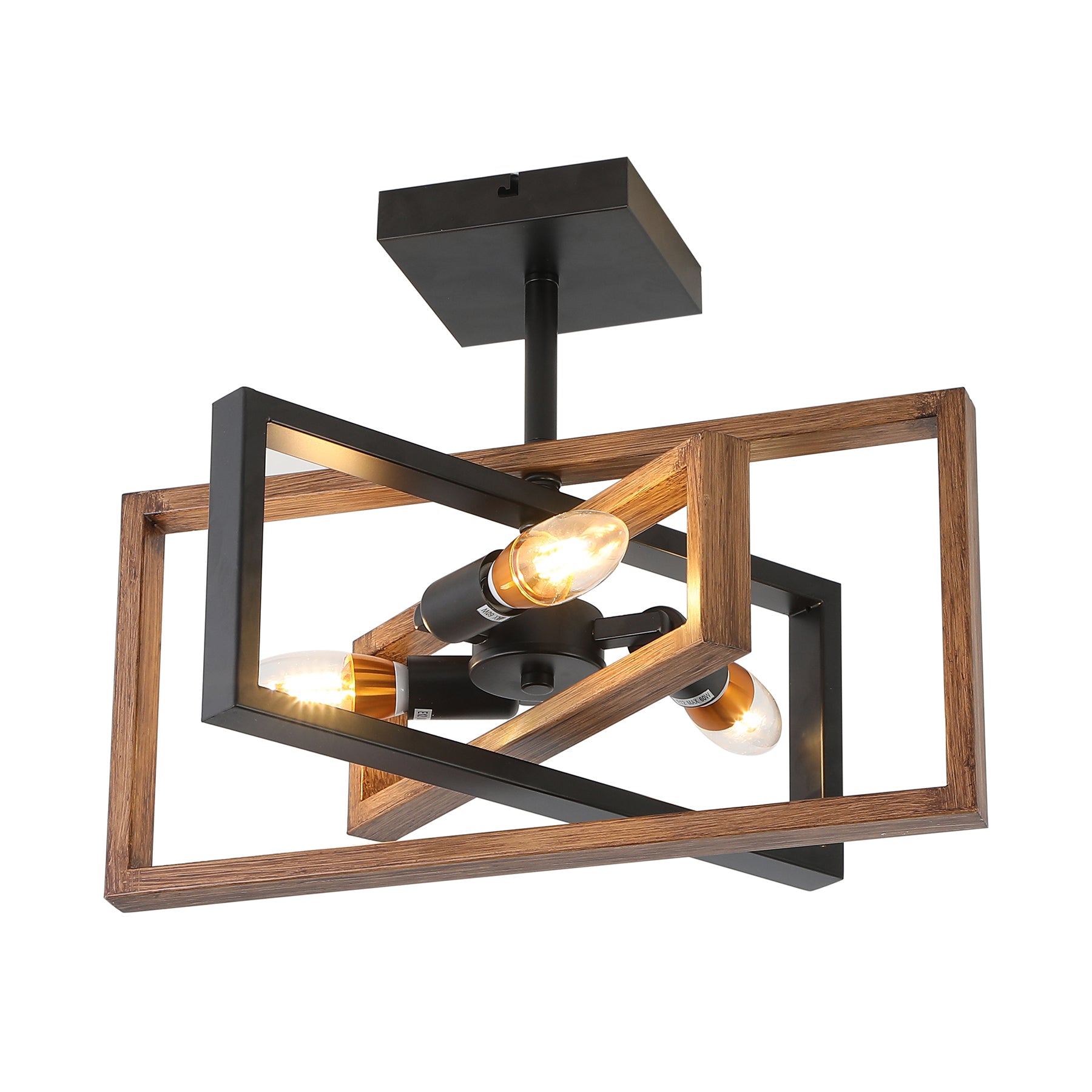 3-Lights Geometrical Wood Element Semi-Flush Mount Lighting