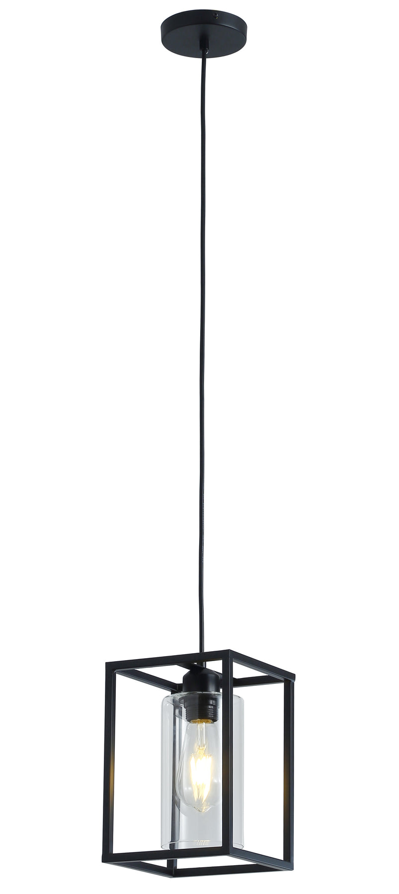 1-Light Rectangular Frame Cylinder Glass Shade Pendant Lighting
