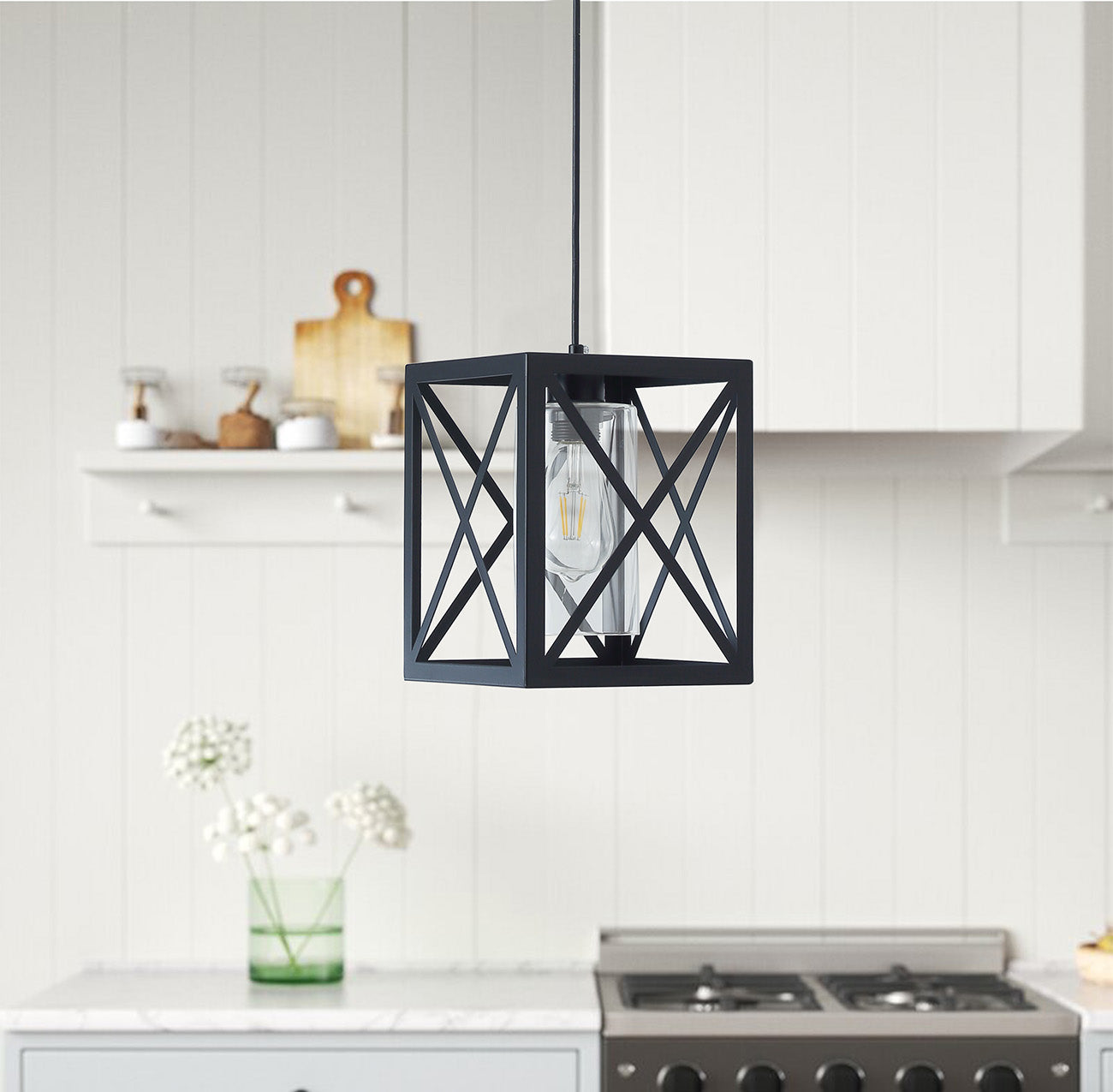 1-Light Square Cage Shape Cylinder Glass Shade Pendant Lighting