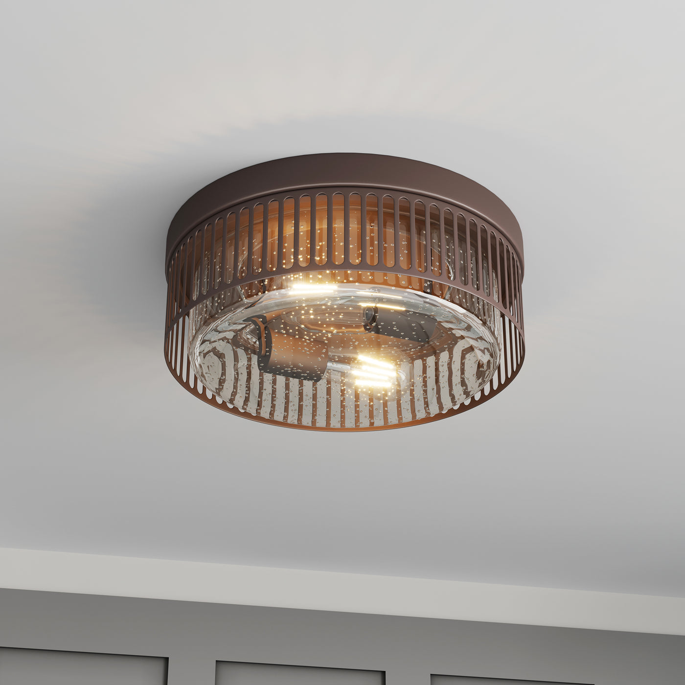 2-Lights Round Cage with Brown Flush Mount Lighting