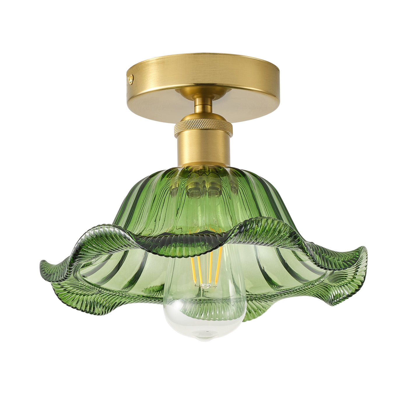 1-Light Retro Green Glass Ceiling Light Fixture, Brass Semi Flush Mount, E26 Vintage Farmhouse Lighting