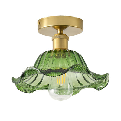 1-Light Retro Green Glass Ceiling Light Fixture, Brass Semi Flush Mount, E26 Vintage Farmhouse Lighting