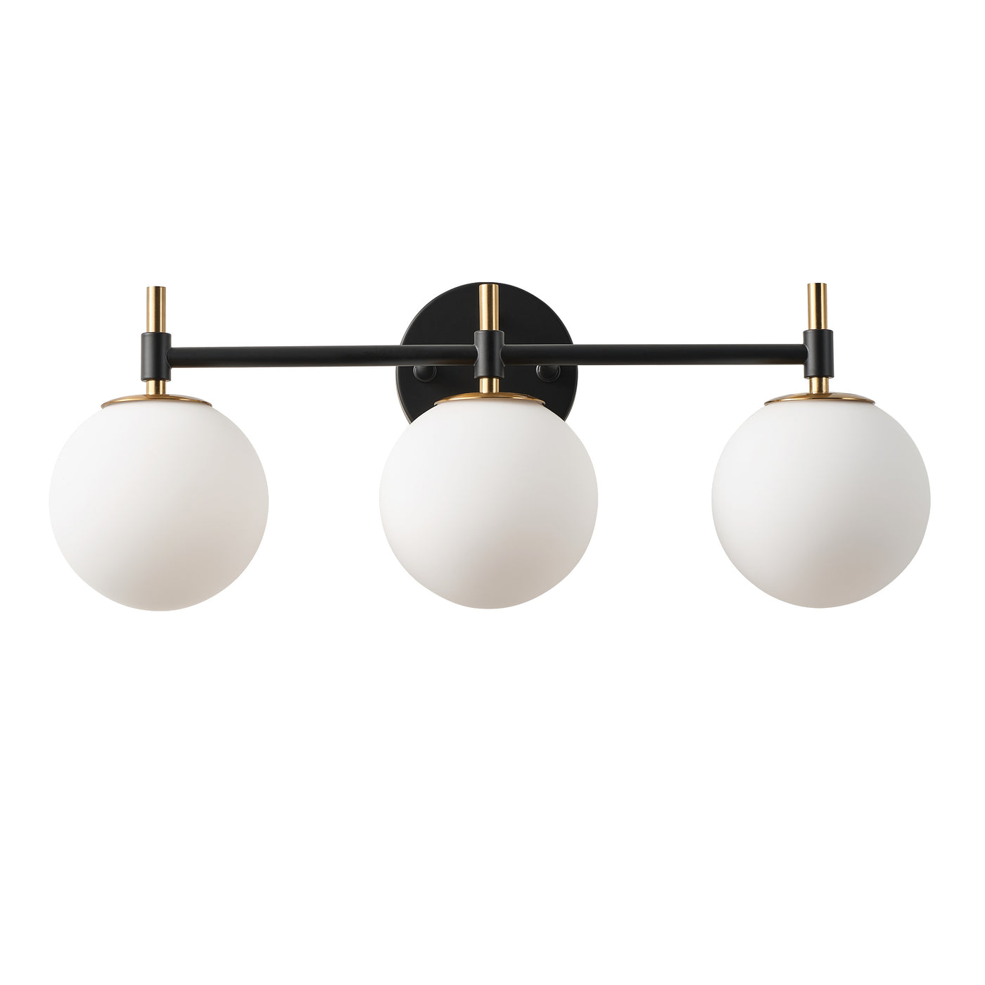 3-Light Black & Gold Vanity Light for Bathroom, Mid-Century Modern, Opal Globe Shades