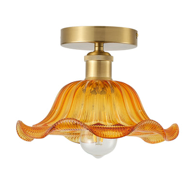 1-Light Vintage Amber Glass Flush Mount Ceiling Light  Flower Shade Fixture