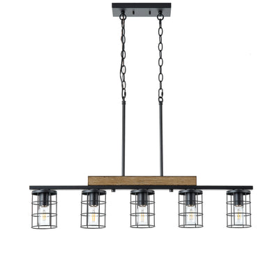 5‑Light Industrial Farmhouse Pendant Light 36.22 Inch Black Faux Wood Grain Iron Frame