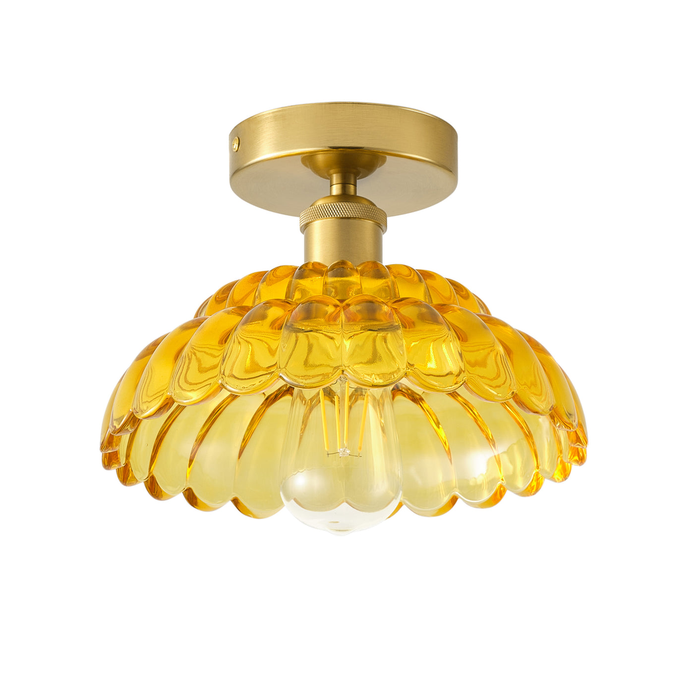 1-Light Modern Vintage Ceiling Light Fixture, Amber Glass Semi Flush Mount with Brass Finish