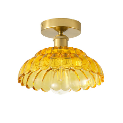 1-Light Modern Vintage Ceiling Light Fixture, Amber Glass Semi Flush Mount with Brass Finish