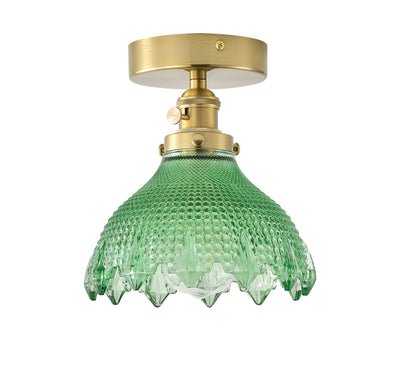 1-Light Mid-Century Semi Flush Ceiling Light, Brass Finish, Green Glass Shade,  for Hallway
