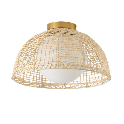 1-Light Boho Rattan Semi Flush Mount Ceiling Light,Frosted Globe