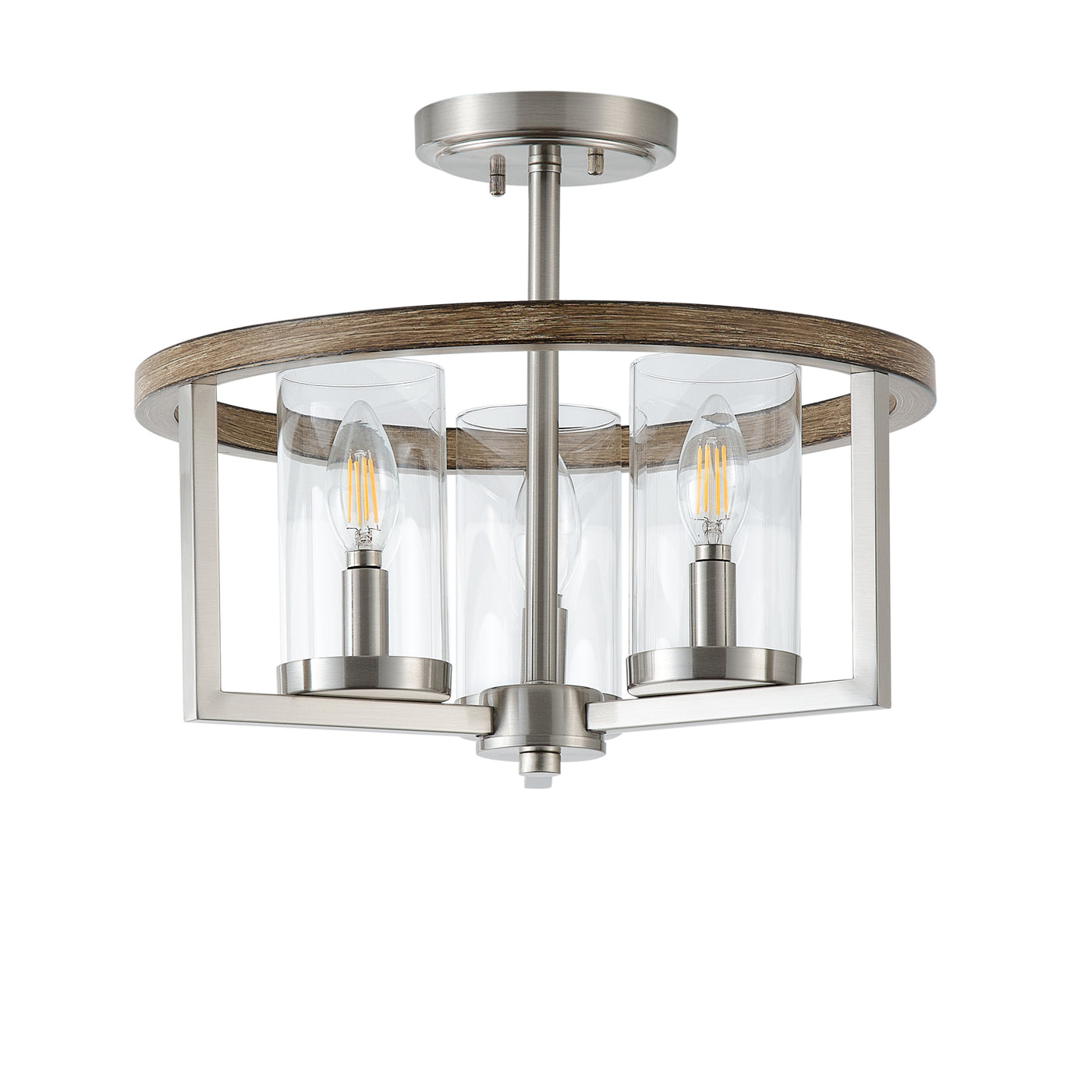 3 Light Industrial Semi Flush Mount Light Transparent Cylinder Shade High Transparency Glass for Dining Room Hallway