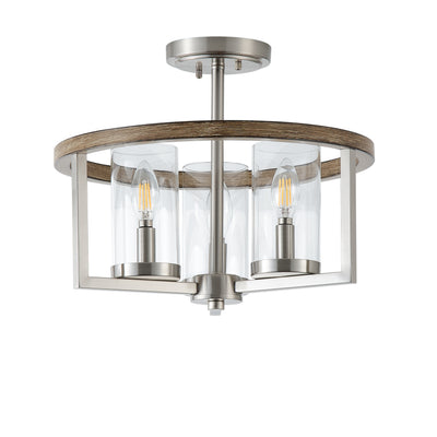 3 Light Industrial Semi Flush Mount Light Transparent Cylinder Shade High Transparency Glass for Dining Room Hallway