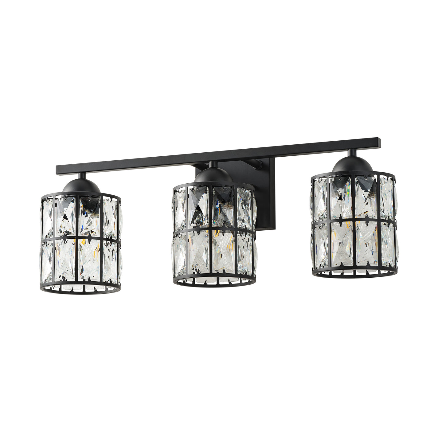 3-Light Black Crystal Wall Sconce, Industrial Vanity Light Fixture with Sparkling Crystal Lampshades