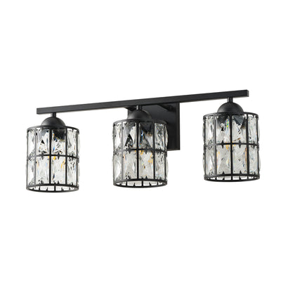 3-Light Black Crystal Wall Sconce, Industrial Vanity Light Fixture with Sparkling Crystal Lampshades