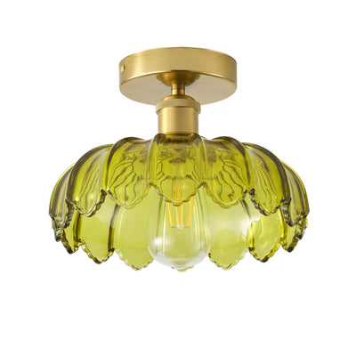 1-Light Semi Flush Mount Ceiling Light, Vintage Green Glass Shade with Antique Brass Base