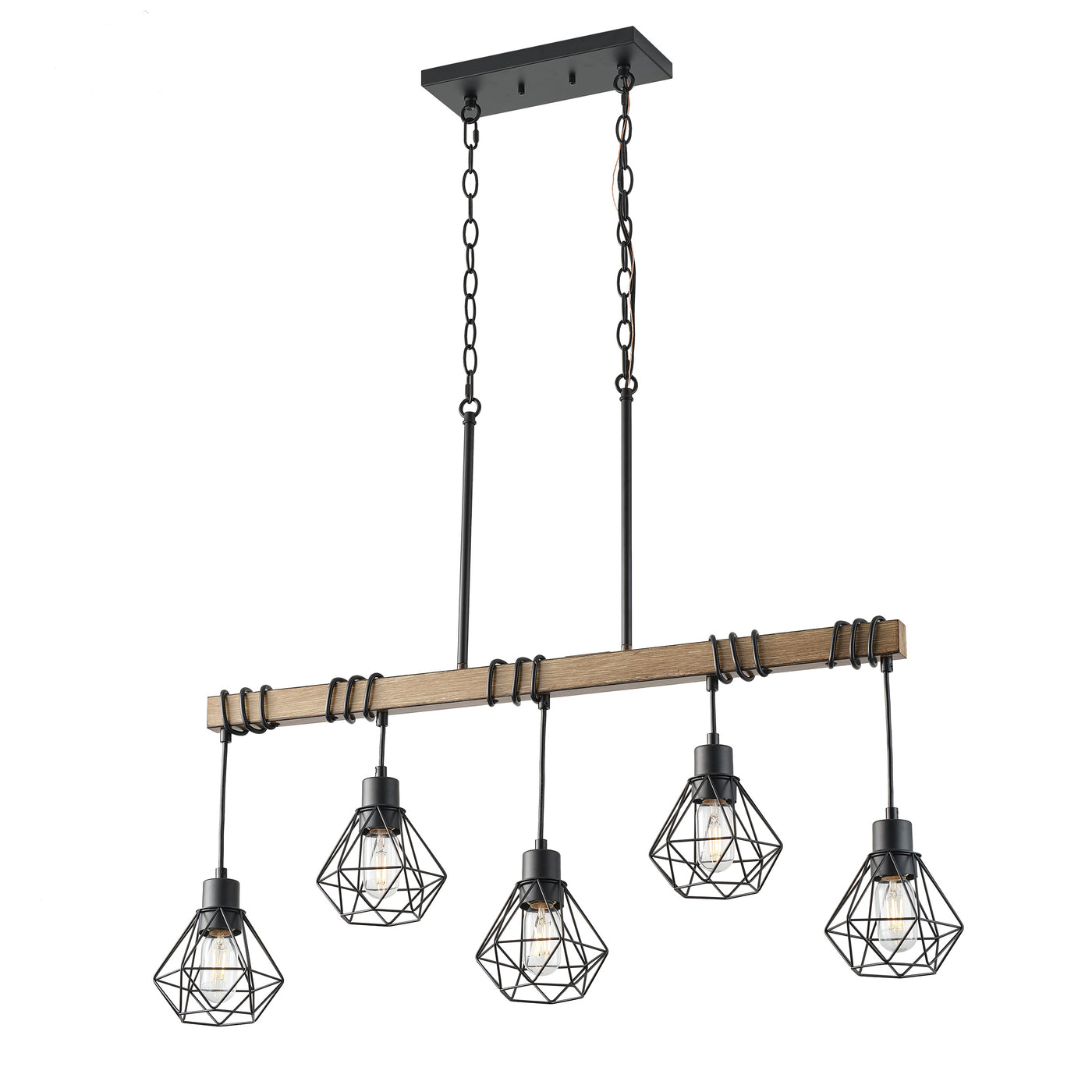 5-Light Farmhouse Chandelier, Rustic Kitchen Island Lighting with Wood Beam and Black Metal Cage Shades