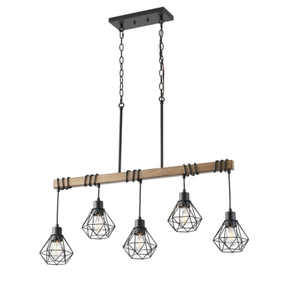 5-Light Farmhouse Chandelier, Rustic Kitchen Island Lighting with Wood Beam and Black Metal Cage Shades