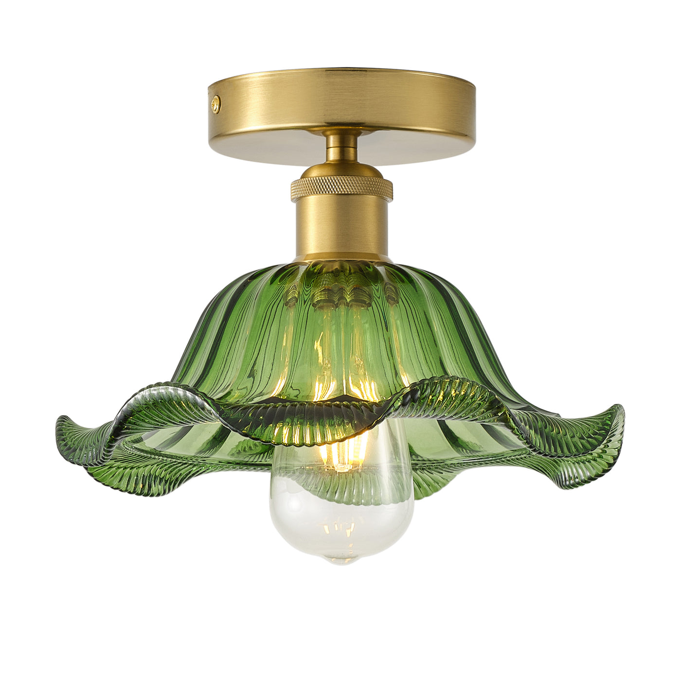 1-Light Retro Green Glass Ceiling Light Fixture, Brass Semi Flush Mount, E26 Vintage Farmhouse Lighting