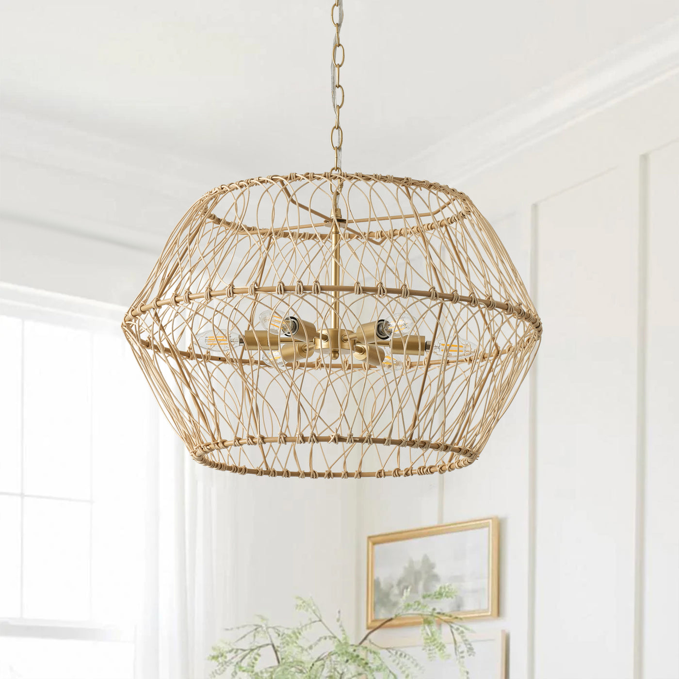 6-Lights Openwork Hand-Knit Rattan Pendant Lighting