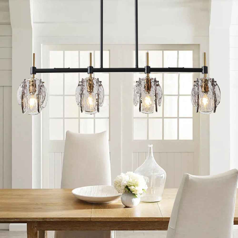 Brushed Gold 4-Light Kitchen Island Linear Pendant Chandelier – Clear Glass Globe Shades, Modern Linear Lighting For Dining Table Or Bar