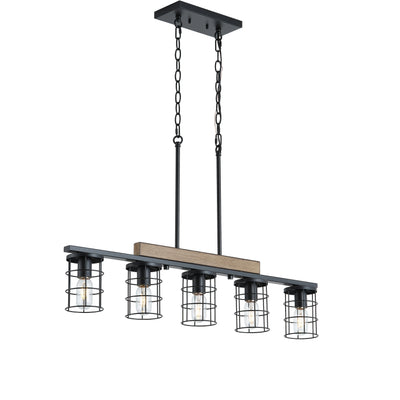 5‑Light Industrial Farmhouse Pendant Light 36.22 Inch Black Faux Wood Grain Iron Frame