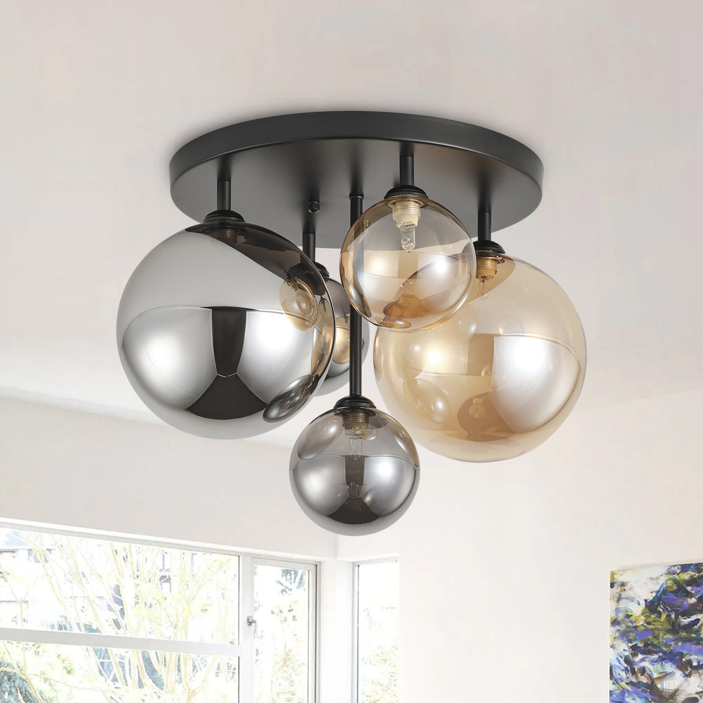 5-Lights Spherical Glass Shades of Various Sizes Flush Mount Lighting