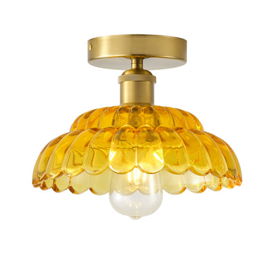 1-Light Modern Vintage Ceiling Light Fixture, Amber Glass Semi Flush Mount with Brass Finish
