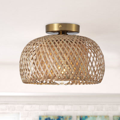 1-Light Bamboo Basket Round Shape Openwork Design Semi-Flush Mount Lighting