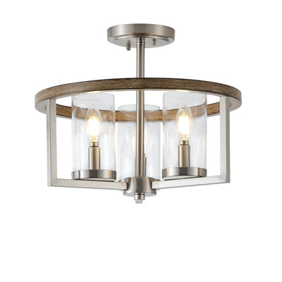 3 Light Industrial Semi Flush Mount Light Transparent Cylinder Shade High Transparency Glass for Dining Room Hallway