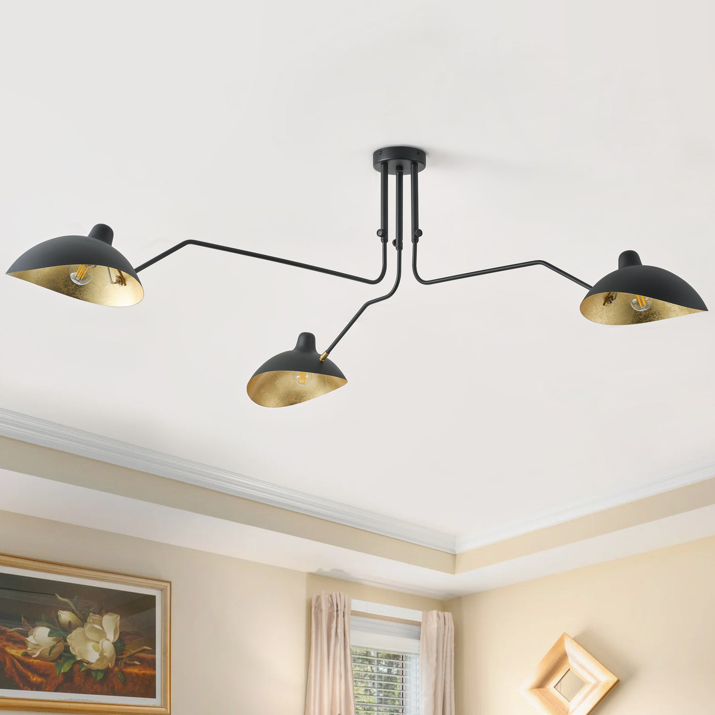 3-Lights Black Rounded Shade Semi-Flush Mount Lighting