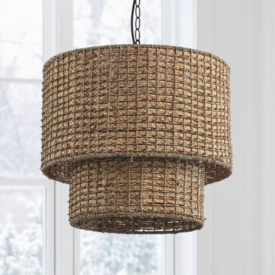 4-Light Brown Double Layer Natural Rattan Shades Design Pendant Lighting