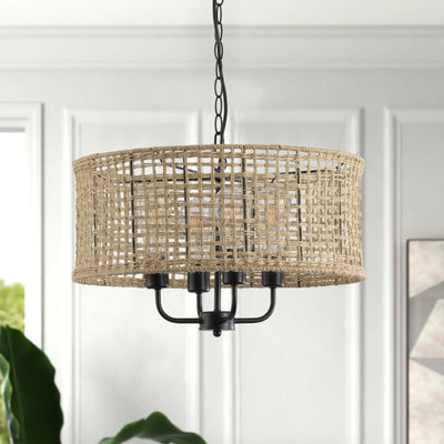 4-Lights Natural Hand-Woven Twine Drum Shade Chandelier