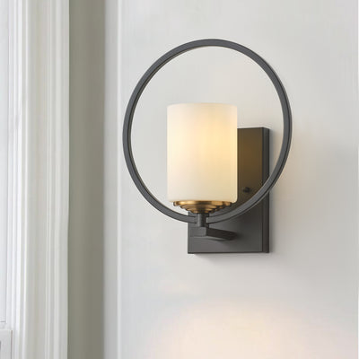 1-Light Milk White Glass Shade with Round Photo Frame Metal Design Wall Sconces