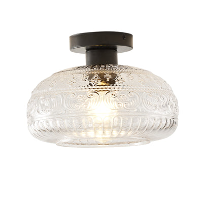 1-Light Industrial Flush Mount, Clear Patterned Glass Dome, Hallway Bedroom Ceiling Light