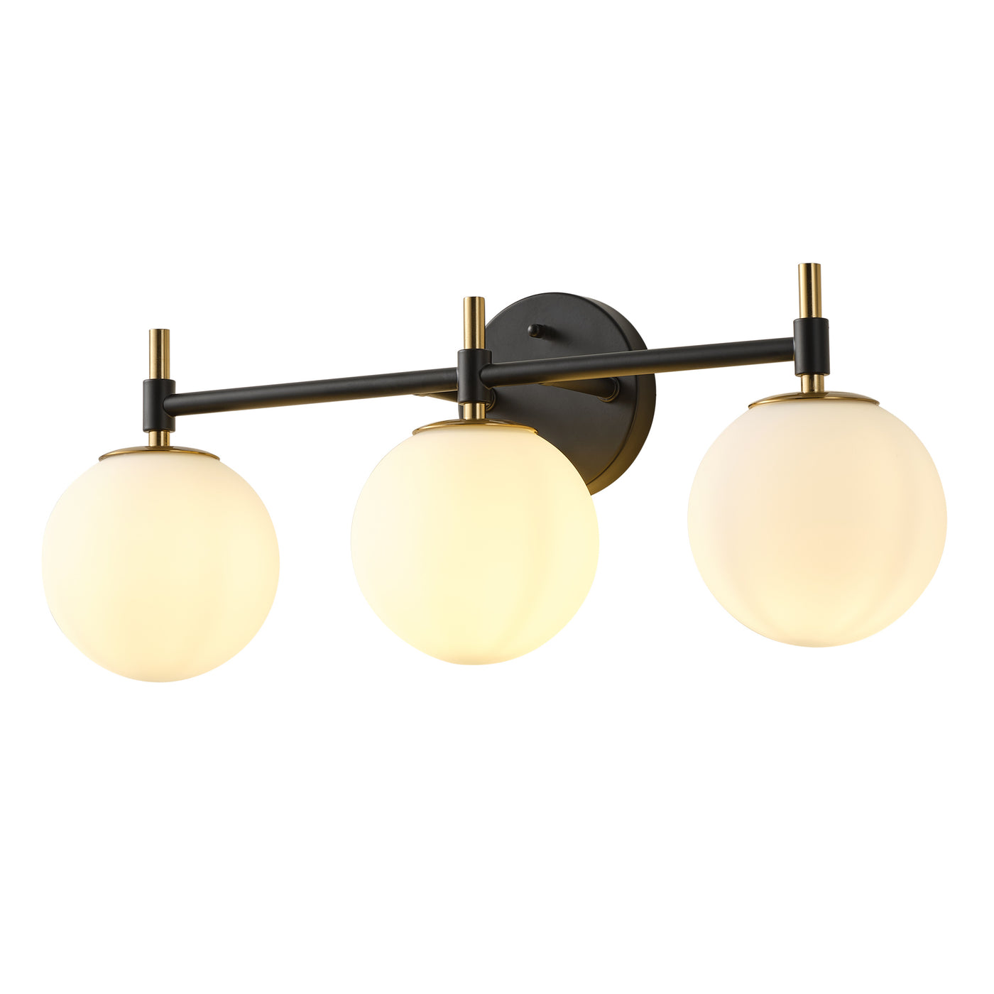 3-Light Black & Gold Vanity Light for Bathroom, Mid-Century Modern, Opal Globe Shades
