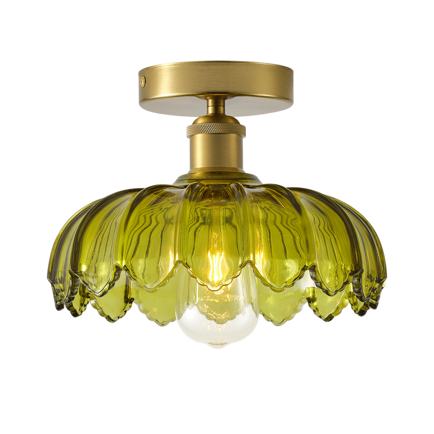 1-Light Semi Flush Mount Ceiling Light, Vintage Green Glass Shade with Antique Brass Base