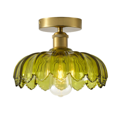 1-Light Semi Flush Mount Ceiling Light, Vintage Green Glass Shade with Antique Brass Base