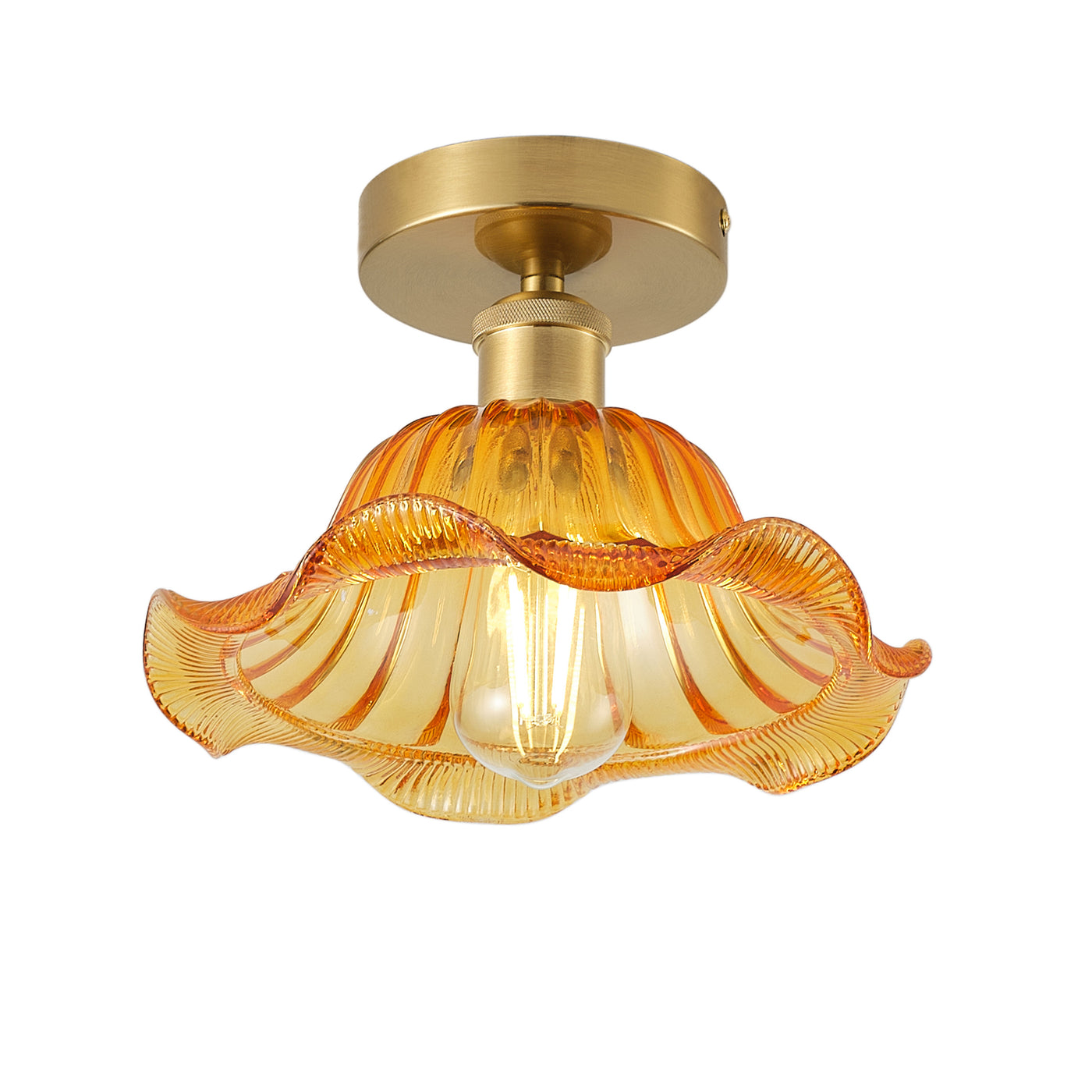 1-Light Vintage Amber Glass Flush Mount Ceiling Light  Flower Shade Fixture