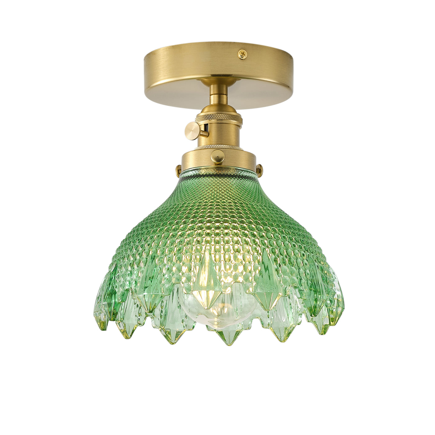 1-Light Mid-Century Semi Flush Ceiling Light, Brass Finish, Green Glass Shade,  for Hallway