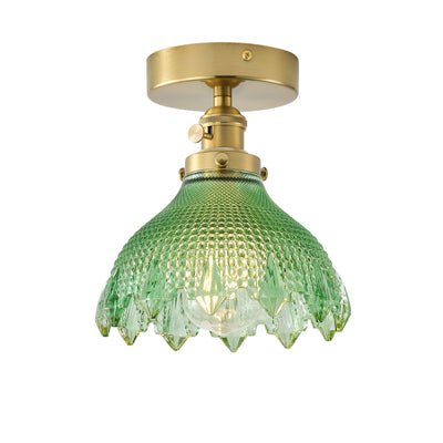 1-Light Mid-Century Semi Flush Ceiling Light, Brass Finish, Green Glass Shade,  for Hallway