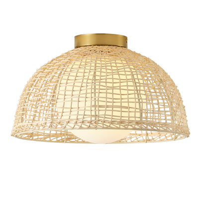 1-Light Boho Rattan Semi Flush Mount Ceiling Light,Frosted Globe