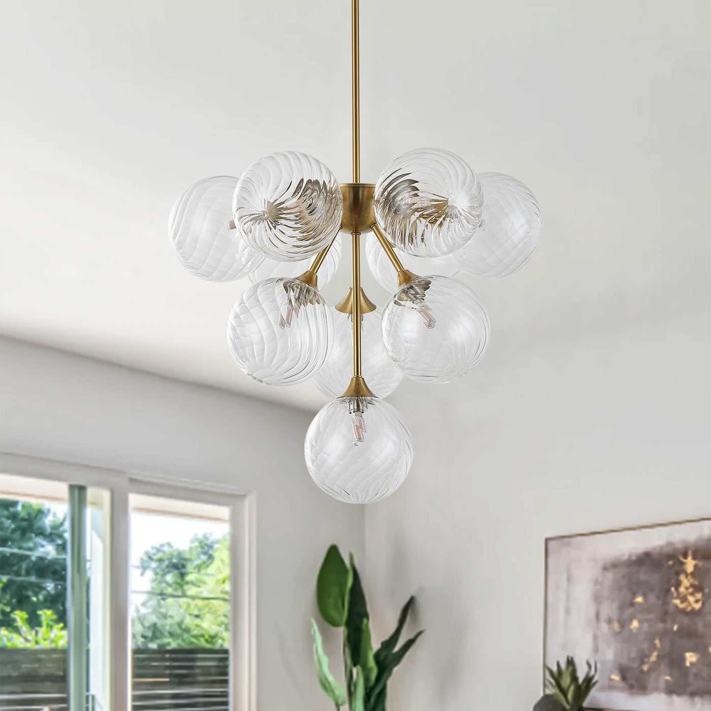 10-Light Art Deco Pendant Light, Brass & Clear Glass, Sloped-Ceiling Swivel, ETL for Kitchen