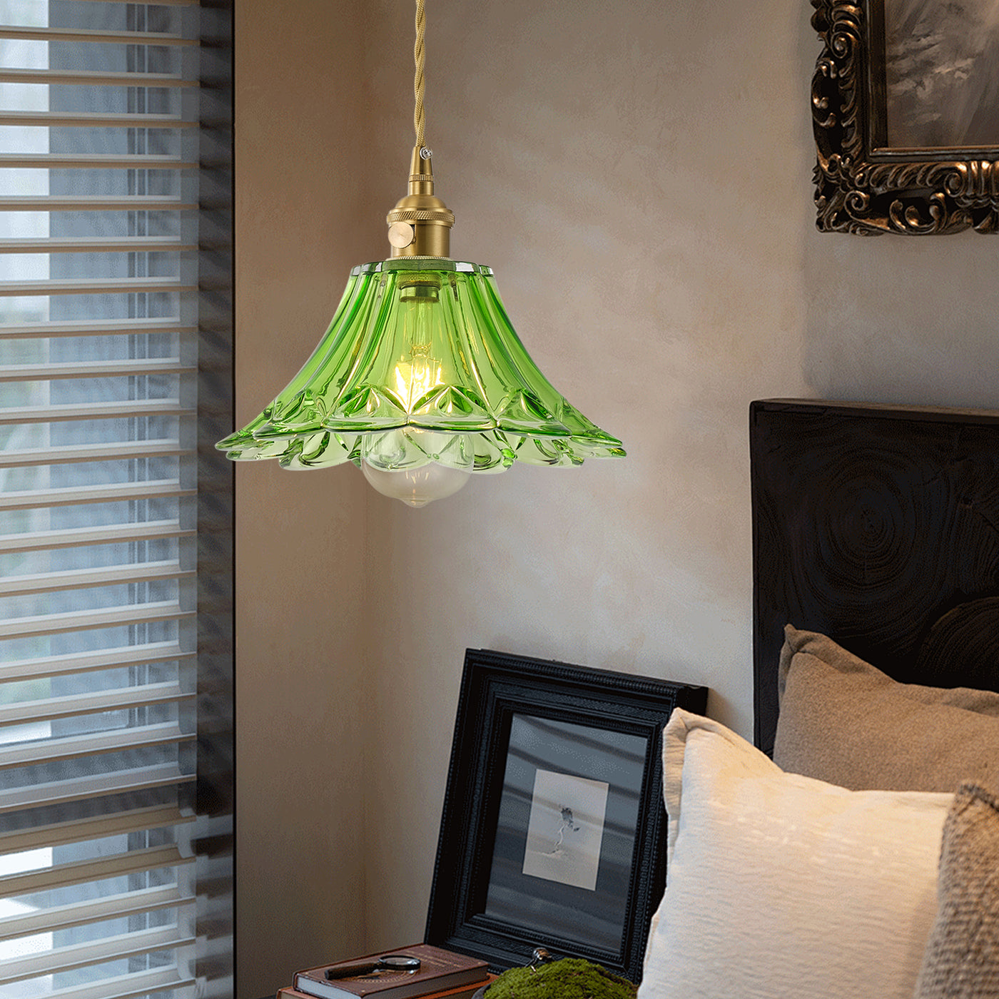 3-Light Vintage Pendant Lights Green Glass Shade 65.95in Adjustable For Kitchen