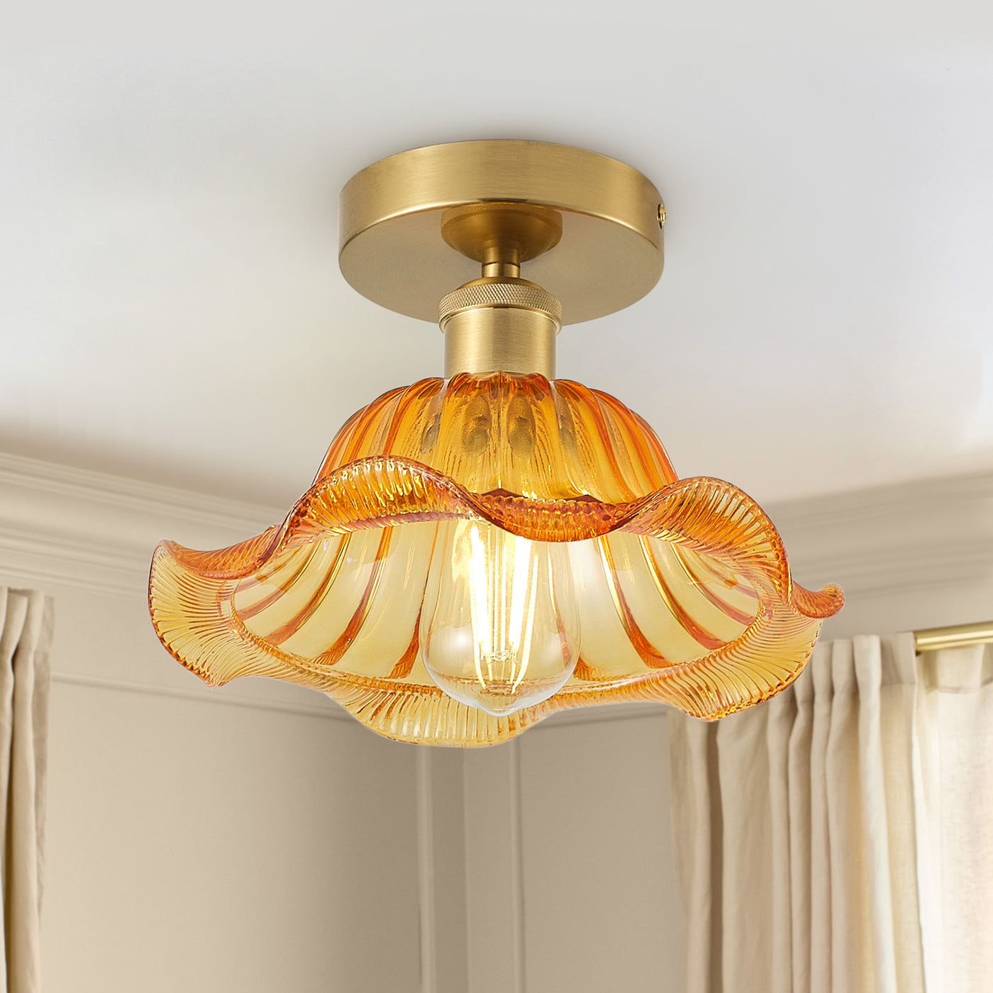 1-Light Vintage Amber Glass Flush Mount Ceiling Light  Flower Shade Fixture