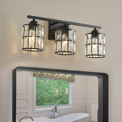 3-Light Black Crystal Wall Sconce, Industrial Vanity Light Fixture with Sparkling Crystal Lampshades