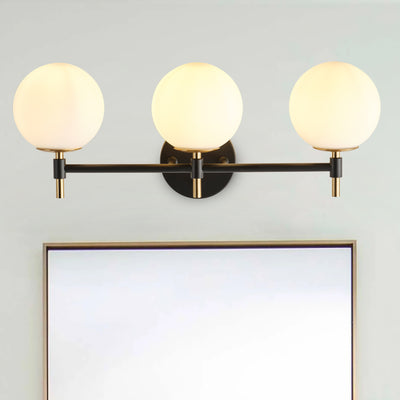 3-Light Black & Gold Vanity Light for Bathroom, Mid-Century Modern, Opal Globe Shades